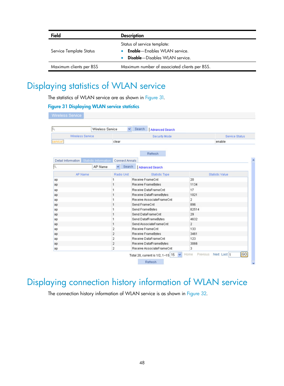 Displaying statistics of wlan service | H3C Technologies H3C WX3000E Series Wireless Switches User Manual | Page 64 / 640