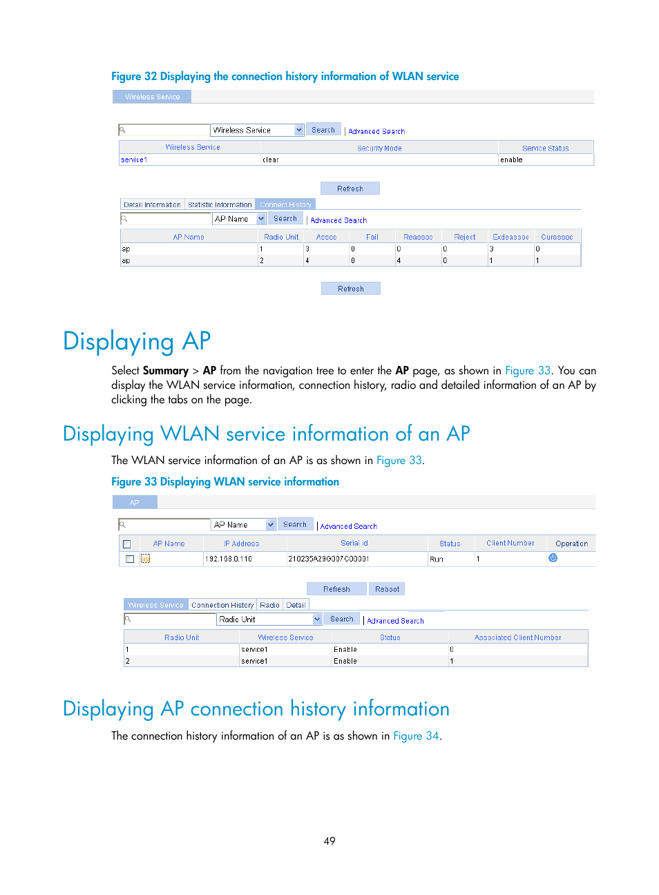 Displaying ap, Displaying wlan service information of an ap, Displaying ap connection history information | N in, Figure 32 | H3C Technologies H3C WX3000E Series Wireless Switches User Manual | Page 65 / 640