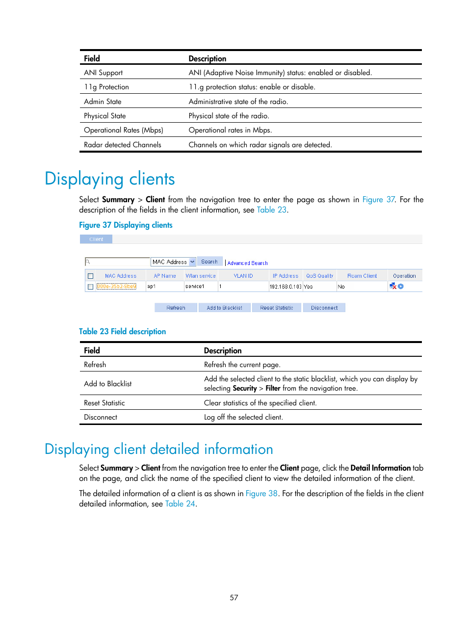 Displaying clients, Displaying client detailed information, N in | Figure 35, Table 21, Table 22 | H3C Technologies H3C WX3000E Series Wireless Switches User Manual | Page 73 / 640
