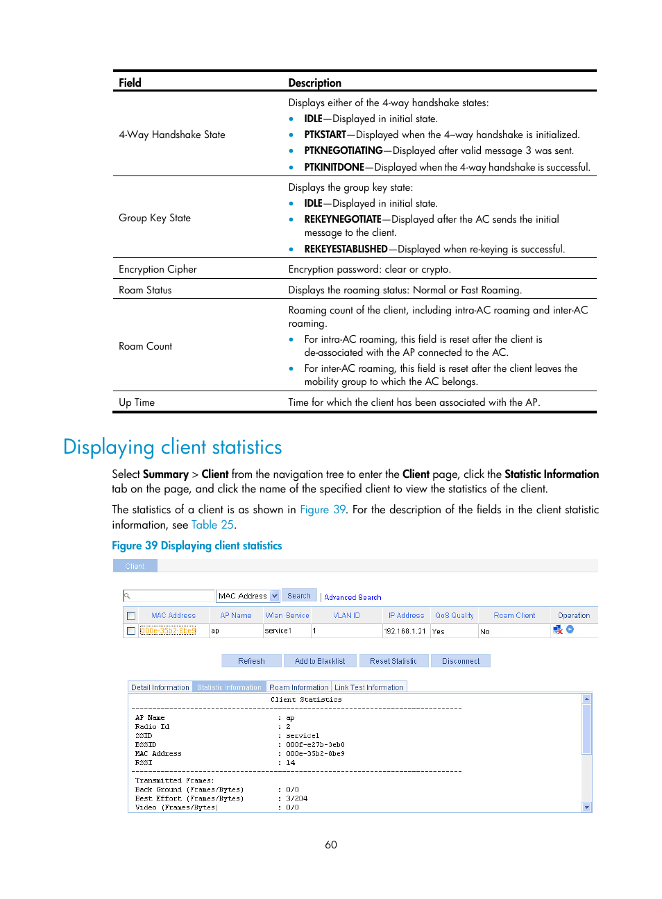 Displaying client statistics | H3C Technologies H3C WX3000E Series Wireless Switches User Manual | Page 76 / 640