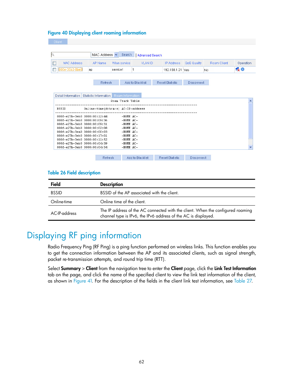 Displaying rf ping information | H3C Technologies H3C WX3000E Series Wireless Switches User Manual | Page 78 / 640
