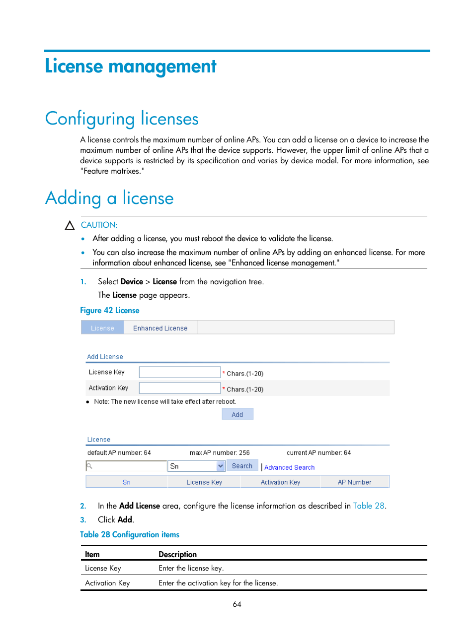 License management, Configuring licenses, Adding a license | H3C Technologies H3C WX3000E Series Wireless Switches User Manual | Page 80 / 640