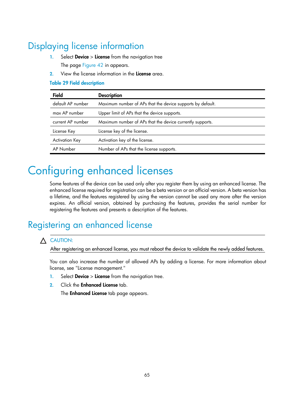 Displaying license information, Configuring enhanced licenses, Registering an enhanced license | H3C Technologies H3C WX3000E Series Wireless Switches User Manual | Page 81 / 640