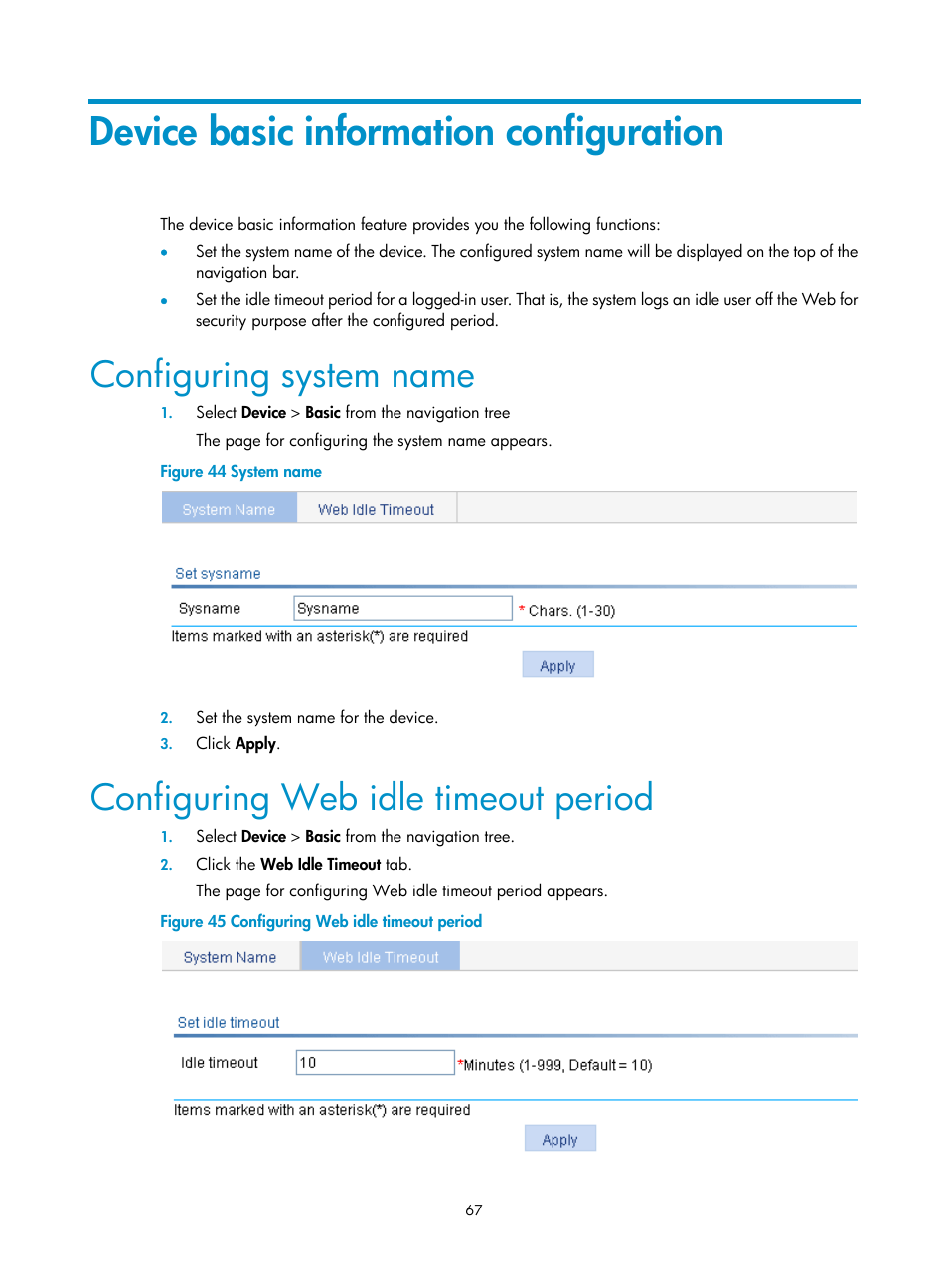 Device basic information configuration, Configuring system name, Configuring web idle timeout period | H3C Technologies H3C WX3000E Series Wireless Switches User Manual | Page 83 / 640