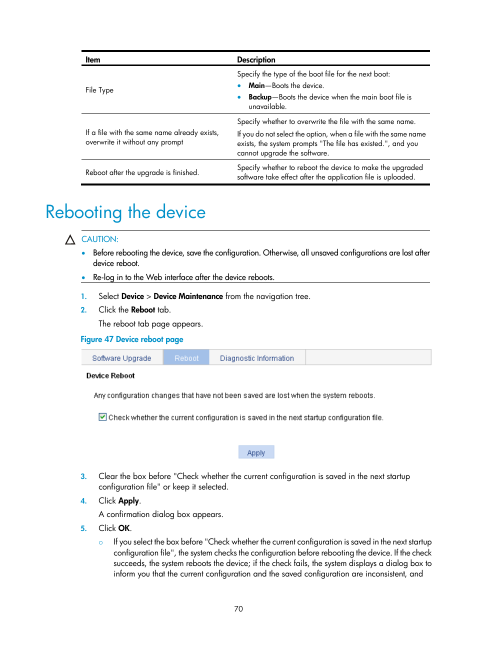 Rebooting the device | H3C Technologies H3C WX3000E Series Wireless Switches User Manual | Page 86 / 640