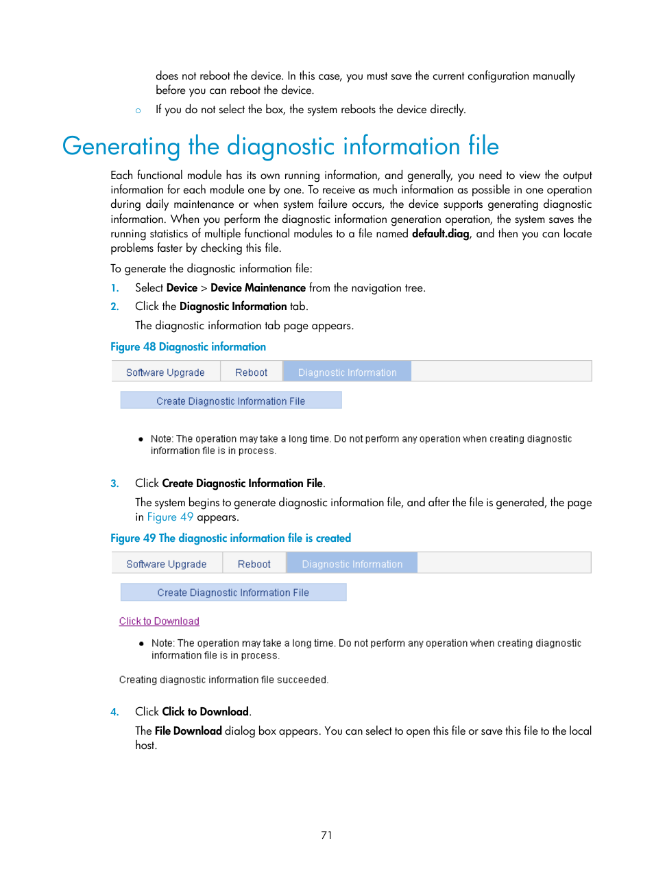 Generating the diagnostic information file | H3C Technologies H3C WX3000E Series Wireless Switches User Manual | Page 87 / 640