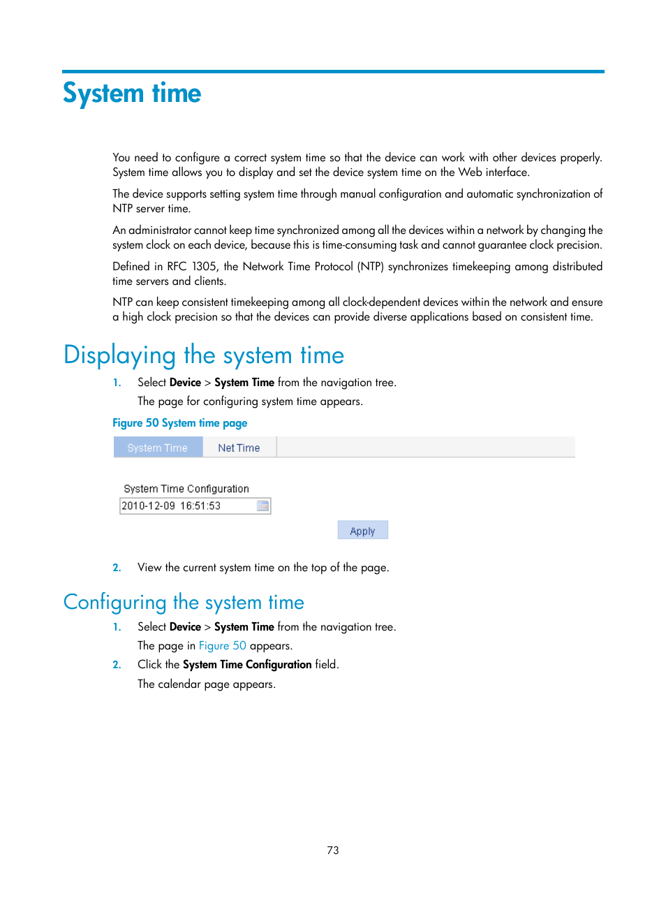 System time, Displaying the system time, Configuring the system time | H3C Technologies H3C WX3000E Series Wireless Switches User Manual | Page 89 / 640