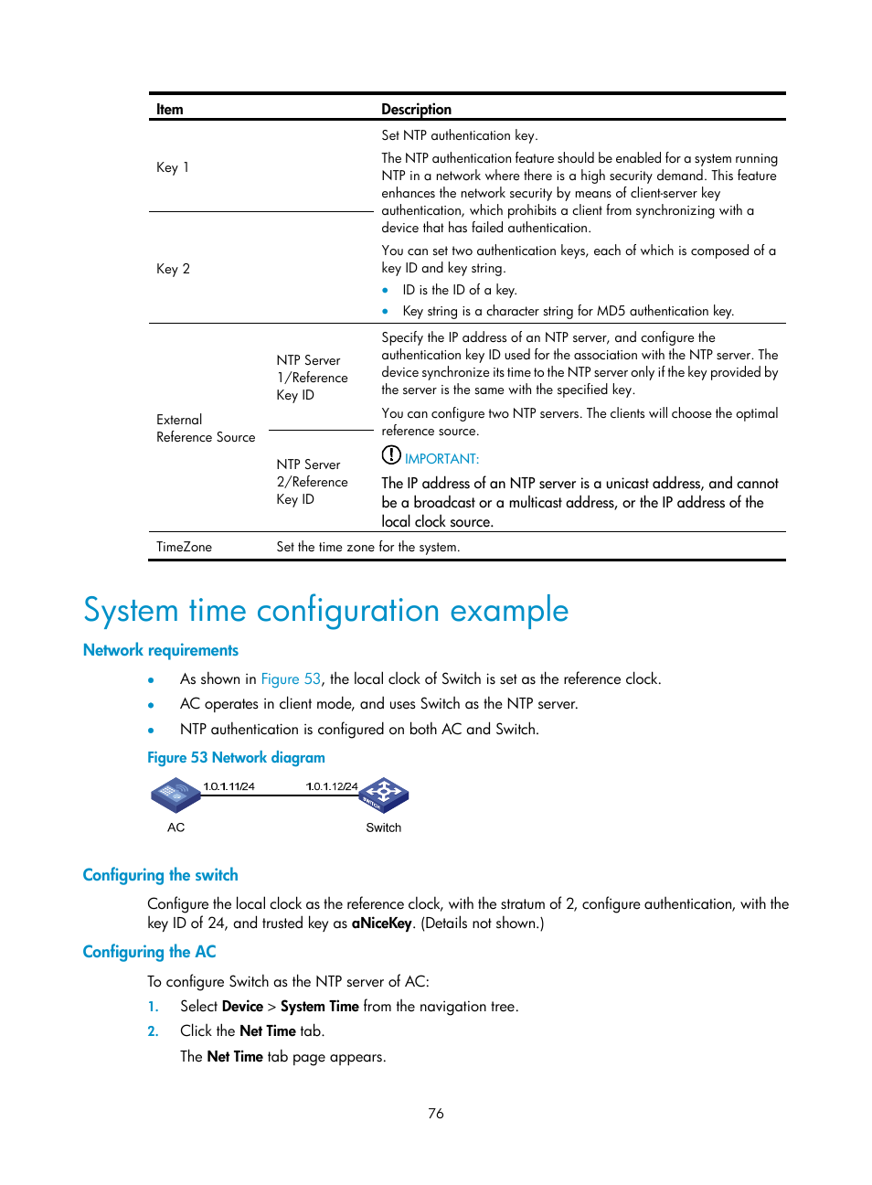 System time configuration example, Network requirements, Configuring the switch | Configuring the ac | H3C Technologies H3C WX3000E Series Wireless Switches User Manual | Page 92 / 640