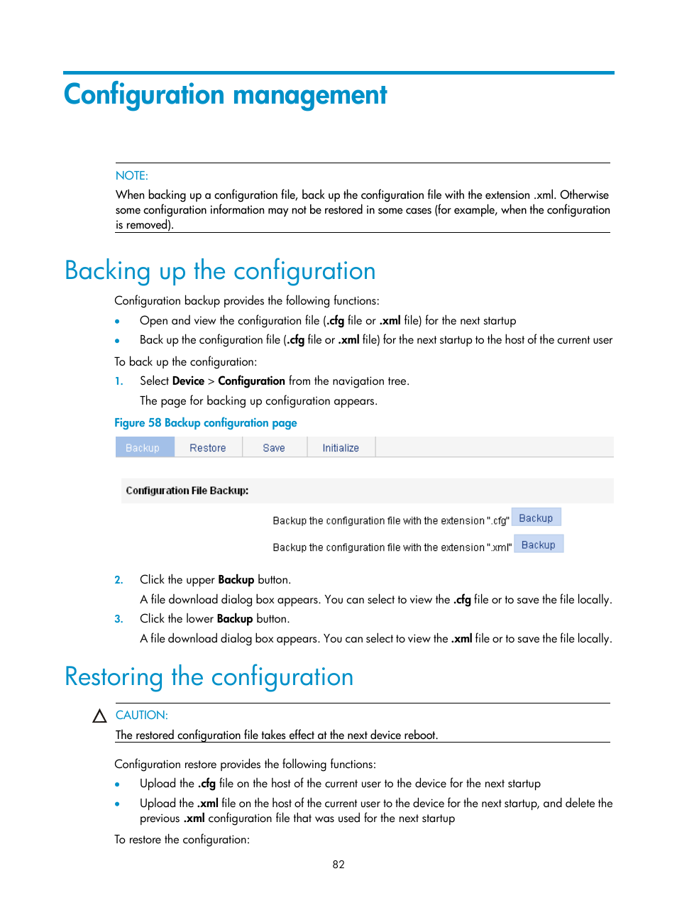Configuration management, Backing up the configuration, Restoring the configuration | H3C Technologies H3C WX3000E Series Wireless Switches User Manual | Page 98 / 640
