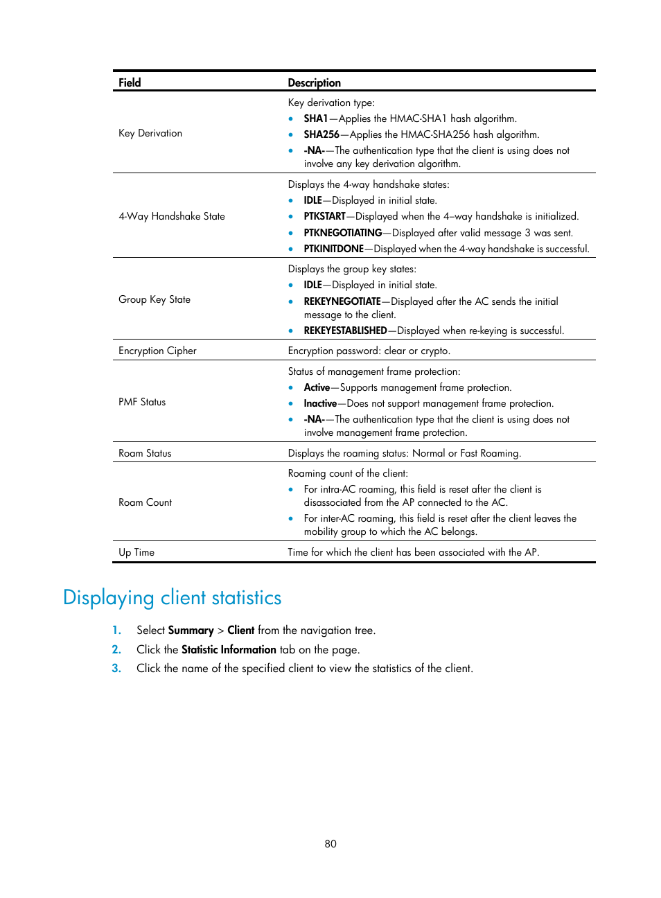 Displaying client statistics | H3C Technologies H3C WX3000E Series Wireless Switches User Manual | Page 101 / 965