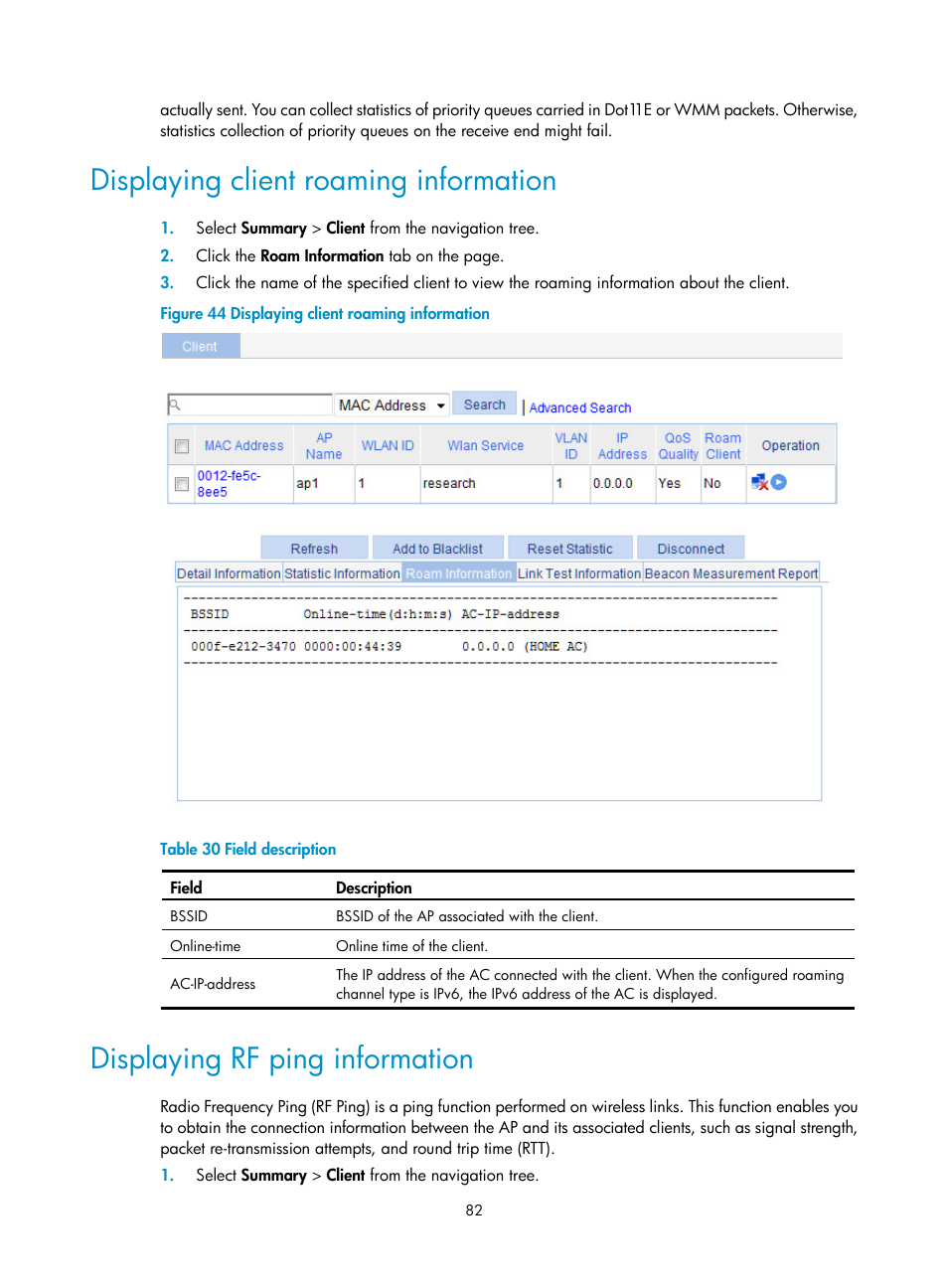 Displaying client roaming information, Displaying rf ping information | H3C Technologies H3C WX3000E Series Wireless Switches User Manual | Page 103 / 965