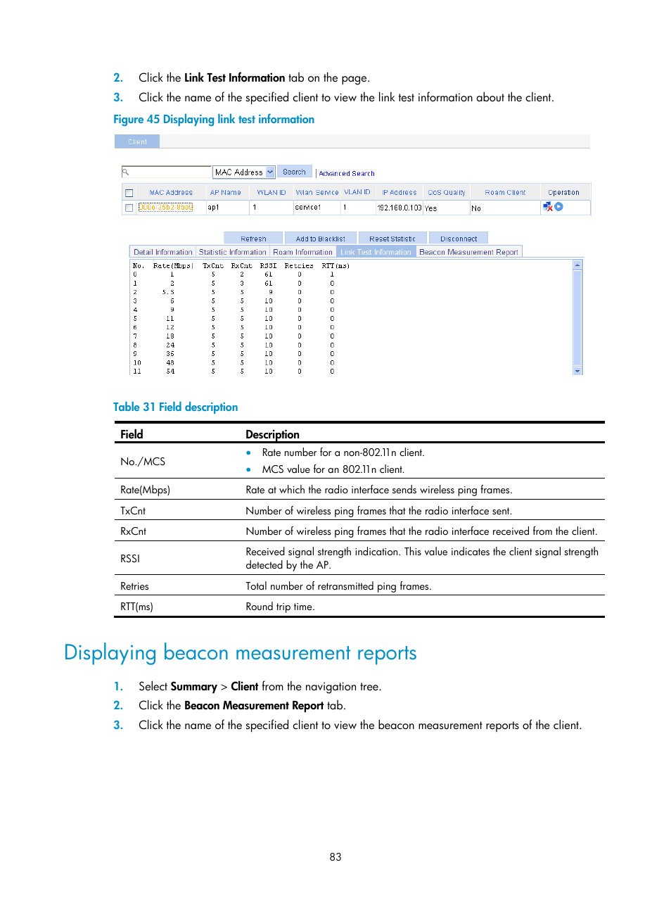 Displaying beacon measurement reports | H3C Technologies H3C WX3000E Series Wireless Switches User Manual | Page 104 / 965
