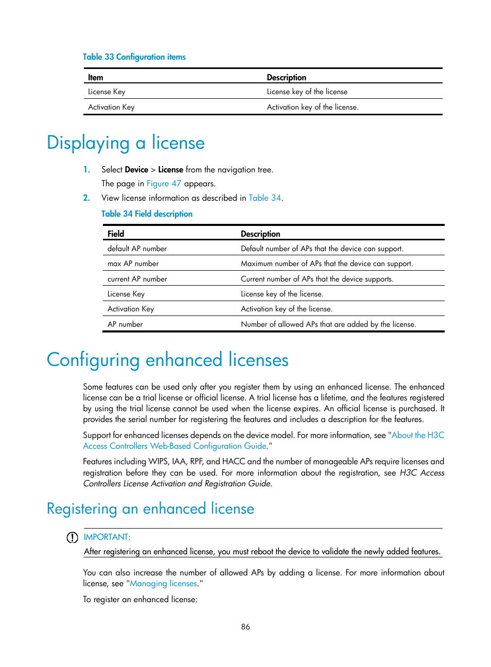 Displaying a license, Configuring enhanced licenses, Registering an enhanced license | Table 33 | H3C Technologies H3C WX3000E Series Wireless Switches User Manual | Page 107 / 965