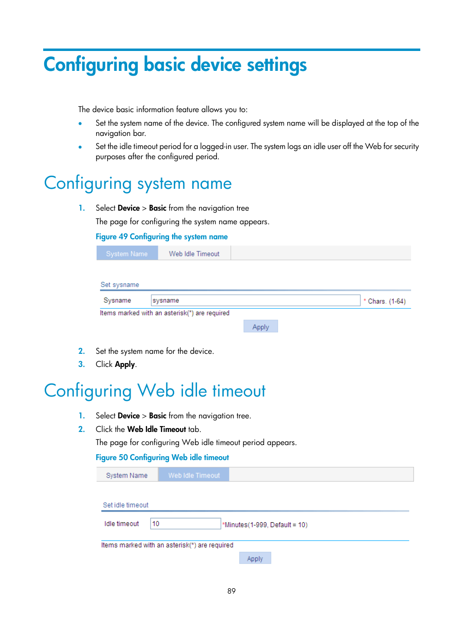 Configuring basic device settings, Configuring system name, Configuring web idle timeout | H3C Technologies H3C WX3000E Series Wireless Switches User Manual | Page 110 / 965