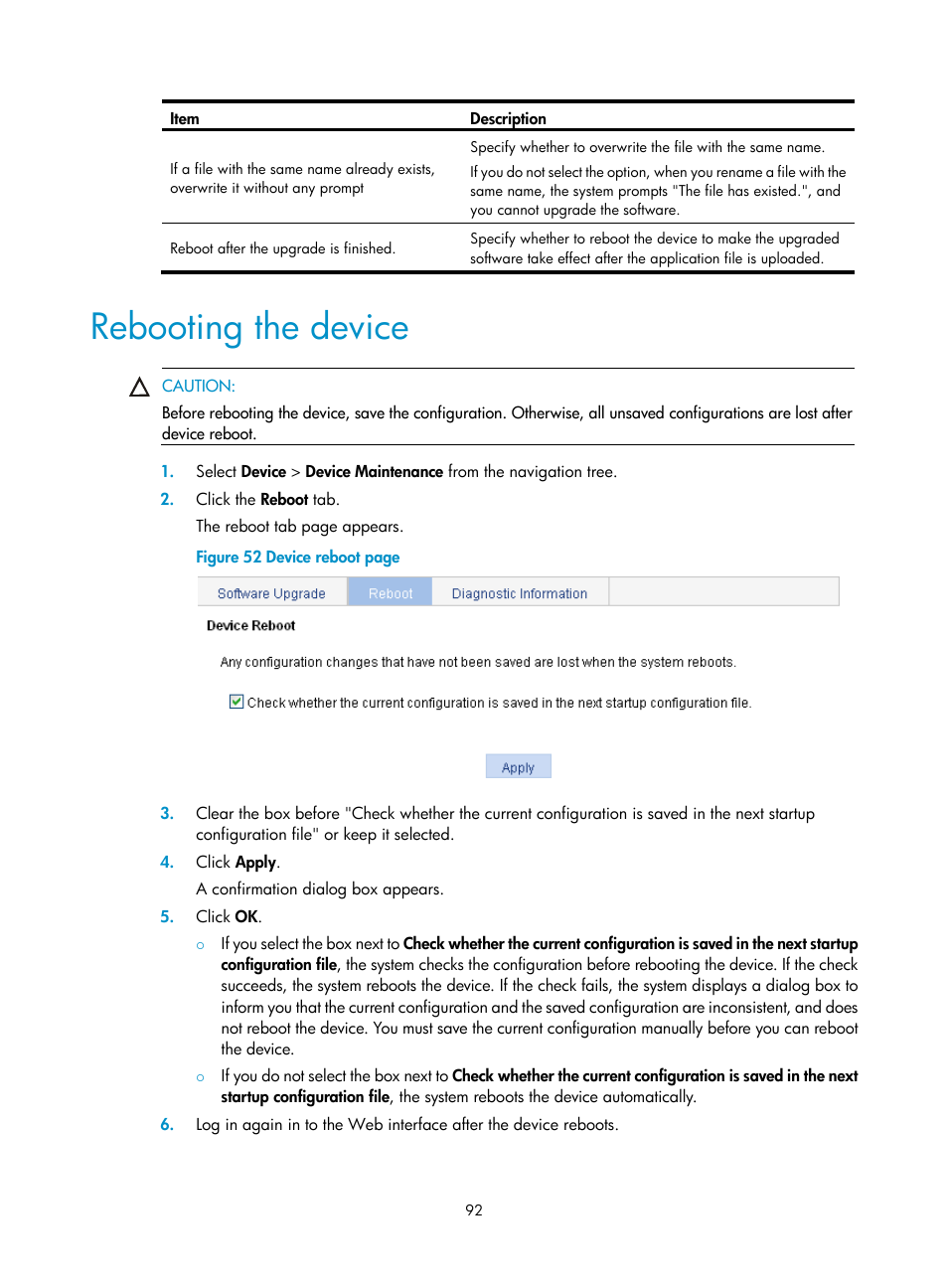 Rebooting the device | H3C Technologies H3C WX3000E Series Wireless Switches User Manual | Page 113 / 965