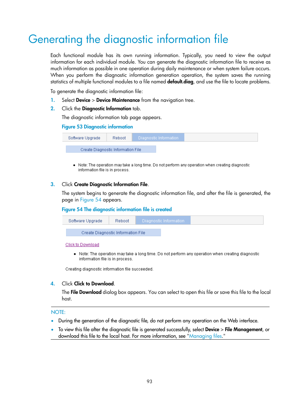 Generating the diagnostic information file | H3C Technologies H3C WX3000E Series Wireless Switches User Manual | Page 114 / 965