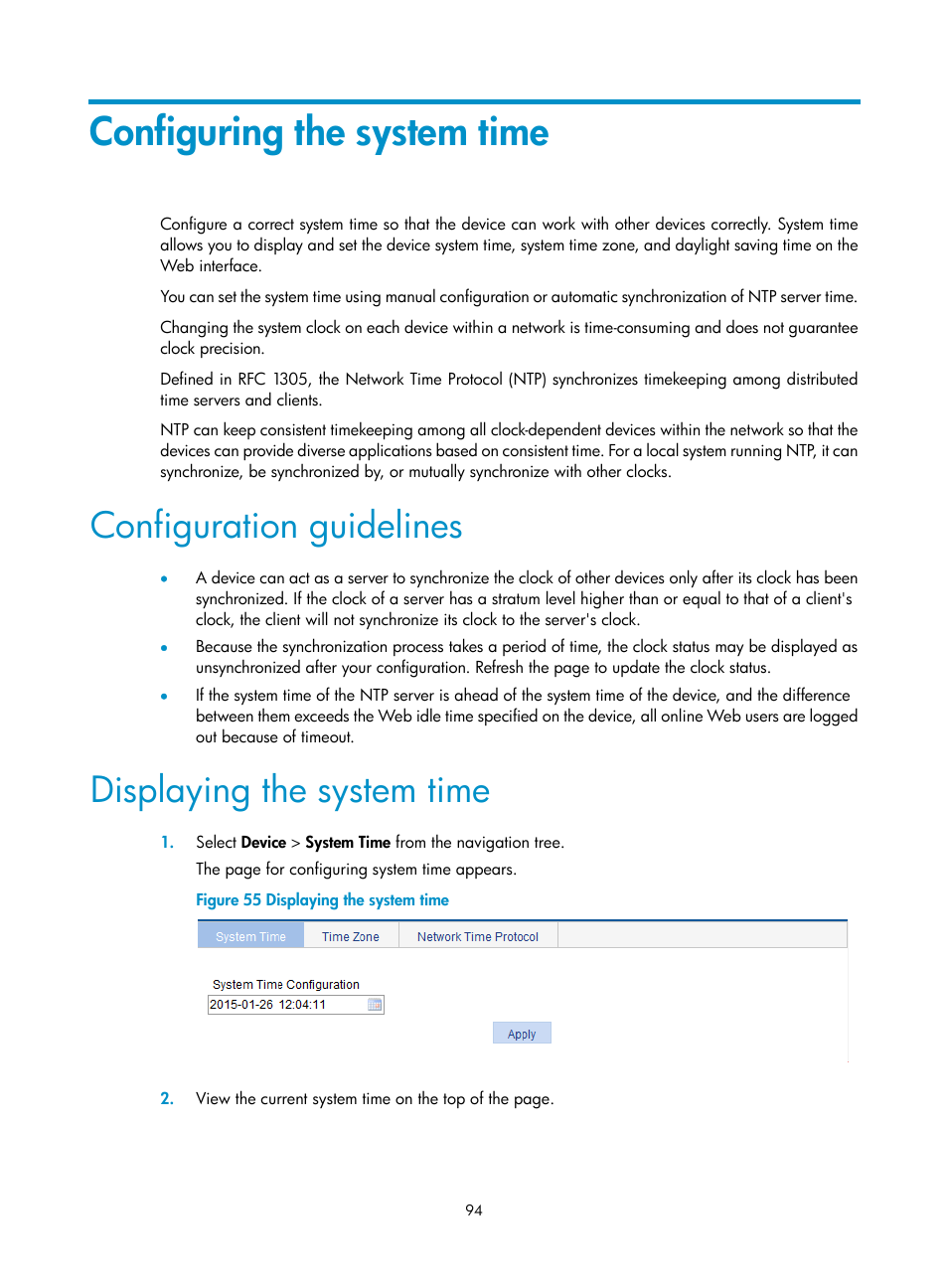 Configuring the system time, Configuration guidelines, Displaying the system time | H3C Technologies H3C WX3000E Series Wireless Switches User Manual | Page 115 / 965