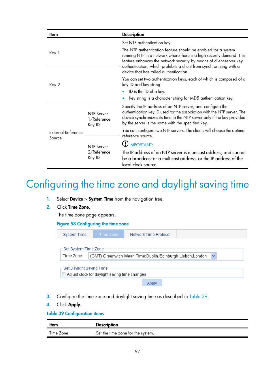 Configuring the time zone and daylight saving time | H3C Technologies H3C WX3000E Series Wireless Switches User Manual | Page 118 / 965