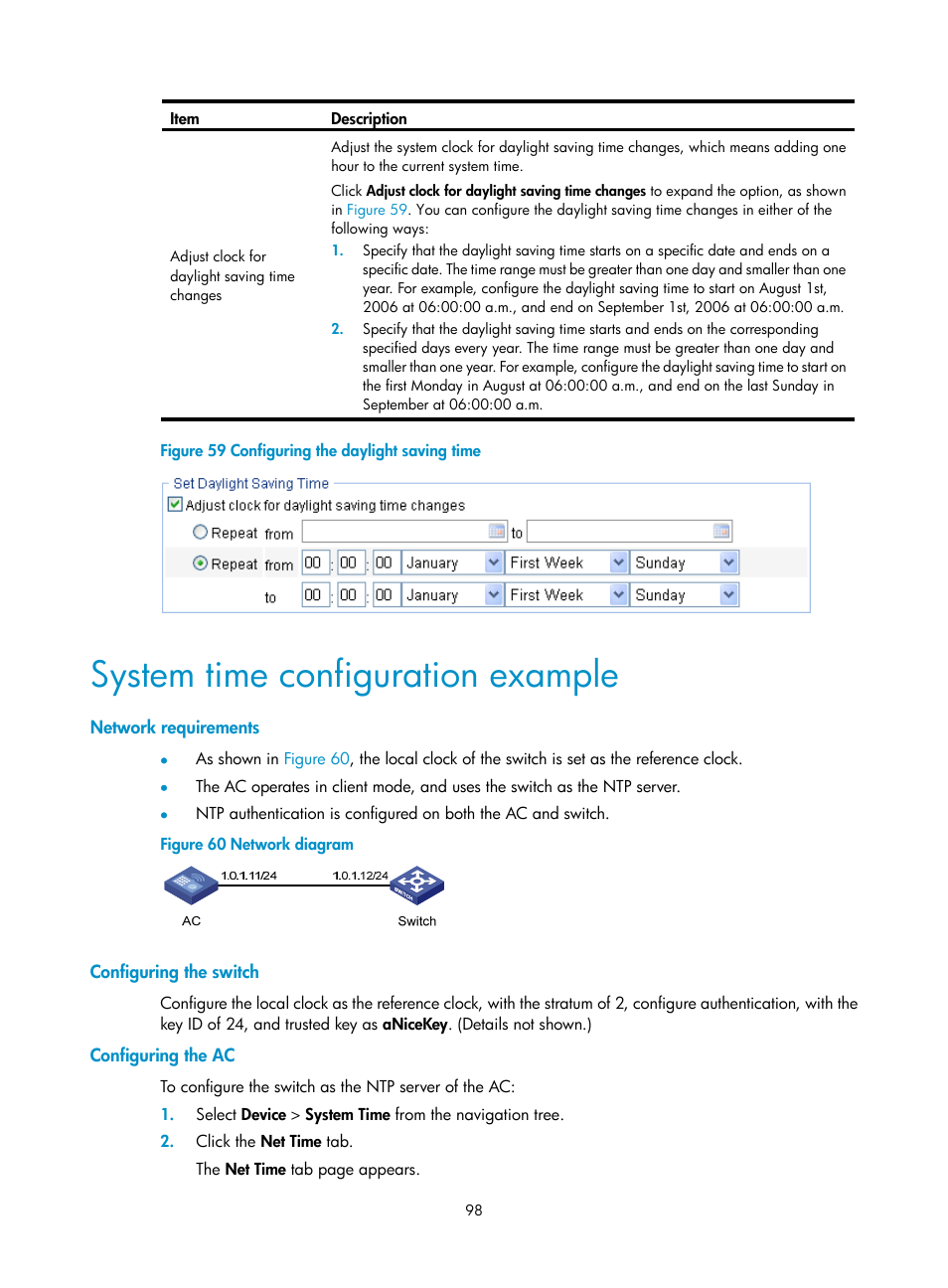 System time configuration example, Network requirements, Configuring the switch | Configuring the ac | H3C Technologies H3C WX3000E Series Wireless Switches User Manual | Page 119 / 965