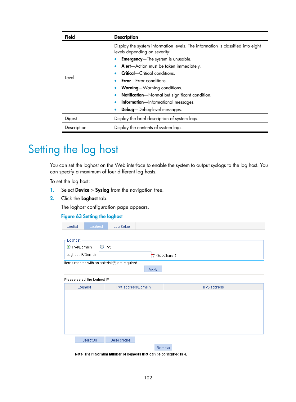 Setting the log host | H3C Technologies H3C WX3000E Series Wireless Switches User Manual | Page 123 / 965