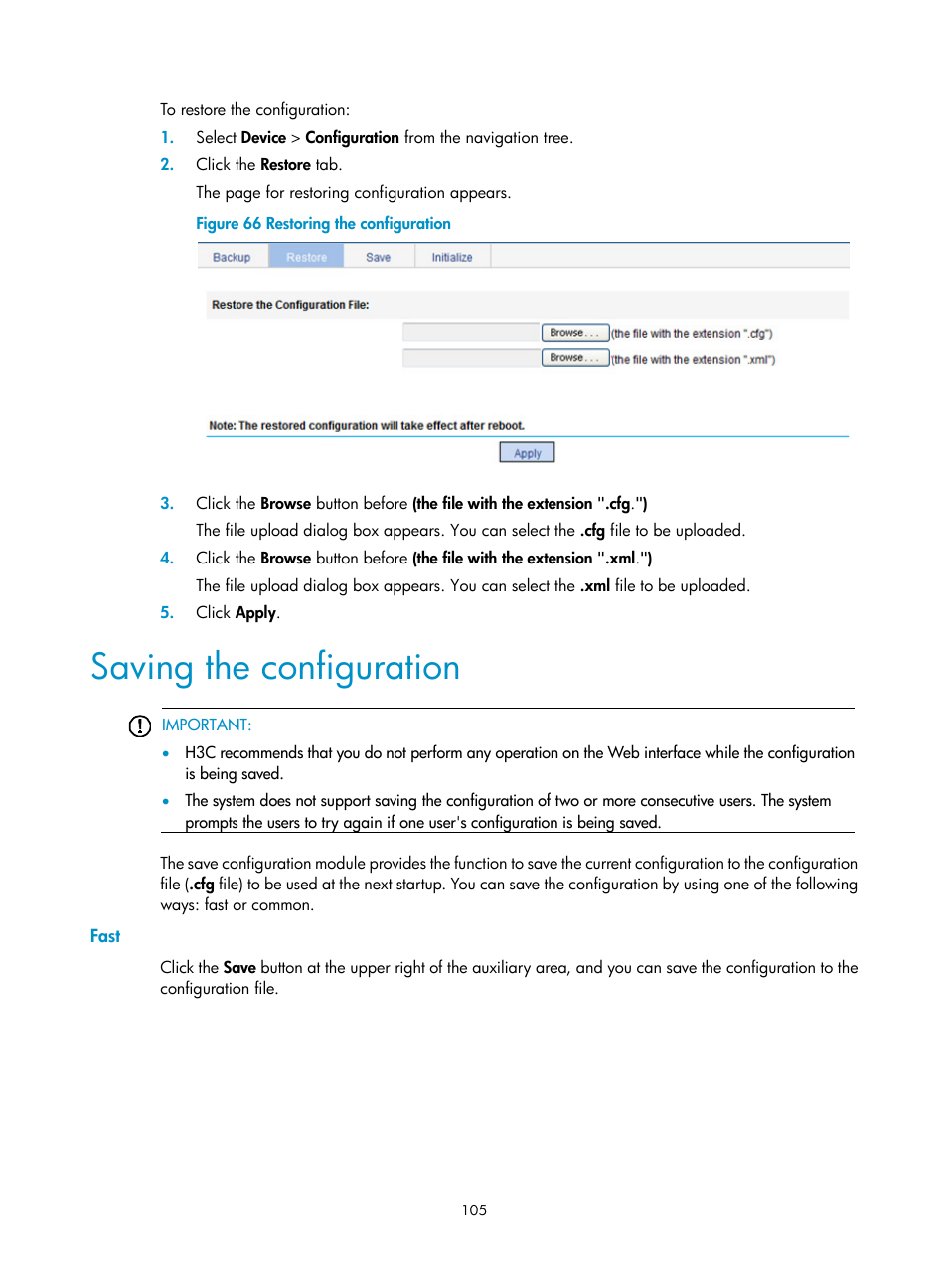 Saving the configuration, Fast | H3C Technologies H3C WX3000E Series Wireless Switches User Manual | Page 126 / 965