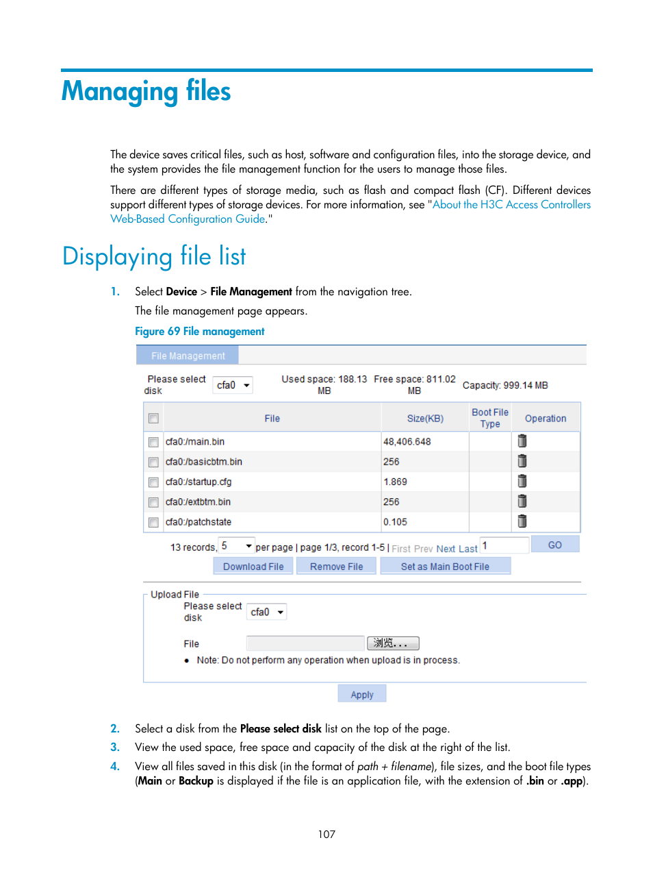 Managing files, Displaying file list | H3C Technologies H3C WX3000E Series Wireless Switches User Manual | Page 128 / 965
