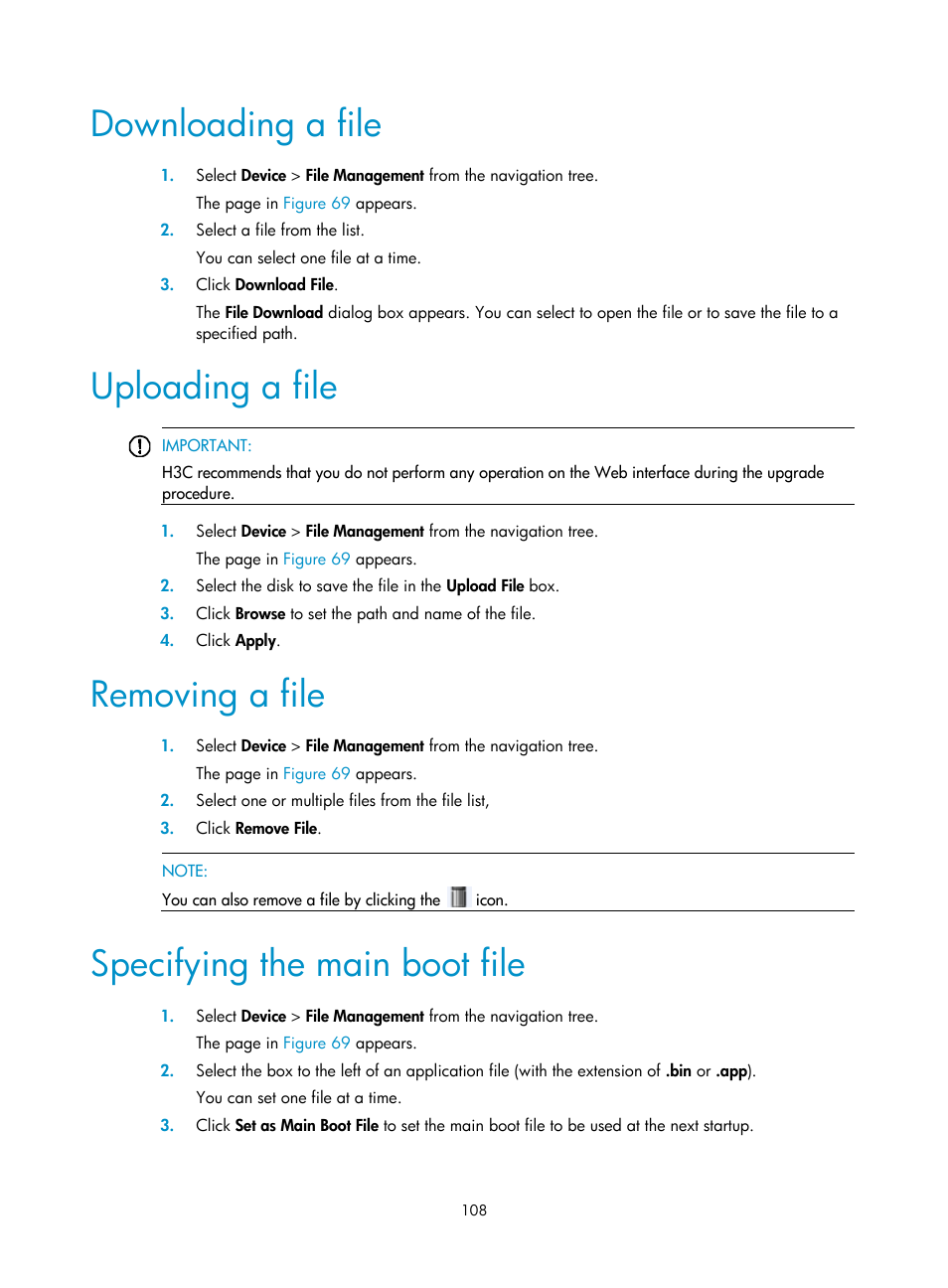 Downloading a file, Uploading a file, Removing a file | Specifying the main boot file | H3C Technologies H3C WX3000E Series Wireless Switches User Manual | Page 129 / 965