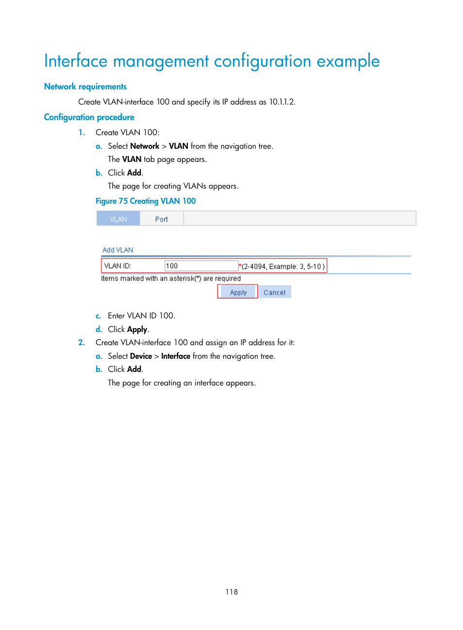 Interface management configuration example, Network requirements, Configuration procedure | H3C Technologies H3C WX3000E Series Wireless Switches User Manual | Page 139 / 965