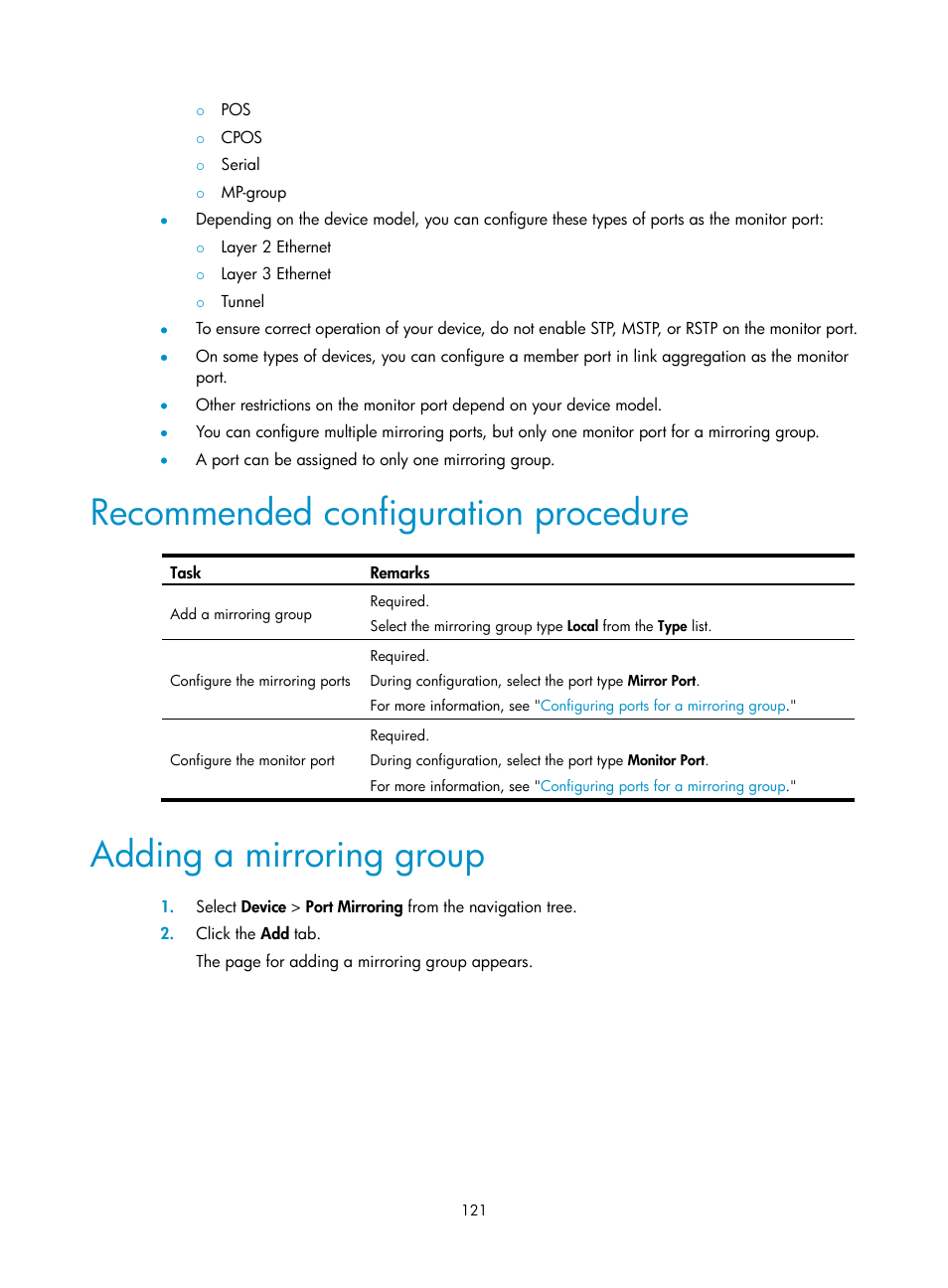 Recommended configuration procedure, Adding a mirroring group | H3C Technologies H3C WX3000E Series Wireless Switches User Manual | Page 142 / 965