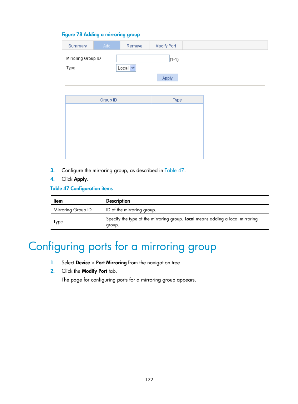 Configuring ports for a mirroring group, Ation, see | H3C Technologies H3C WX3000E Series Wireless Switches User Manual | Page 143 / 965