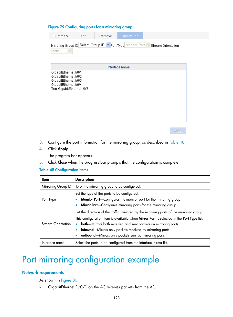 Port mirroring configuration example, Network requirements | H3C Technologies H3C WX3000E Series Wireless Switches User Manual | Page 144 / 965