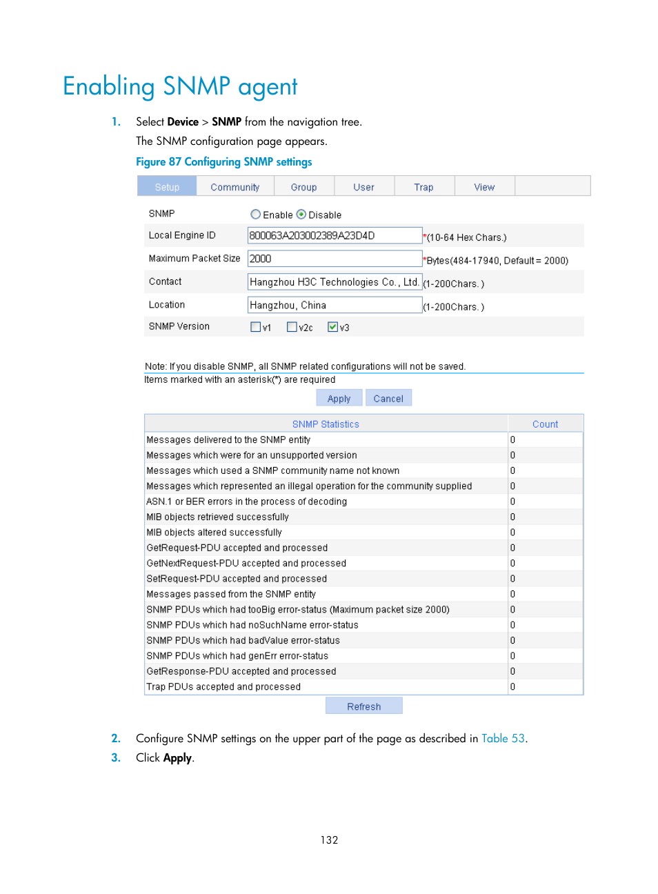 Enabling snmp agent | H3C Technologies H3C WX3000E Series Wireless Switches User Manual | Page 153 / 965