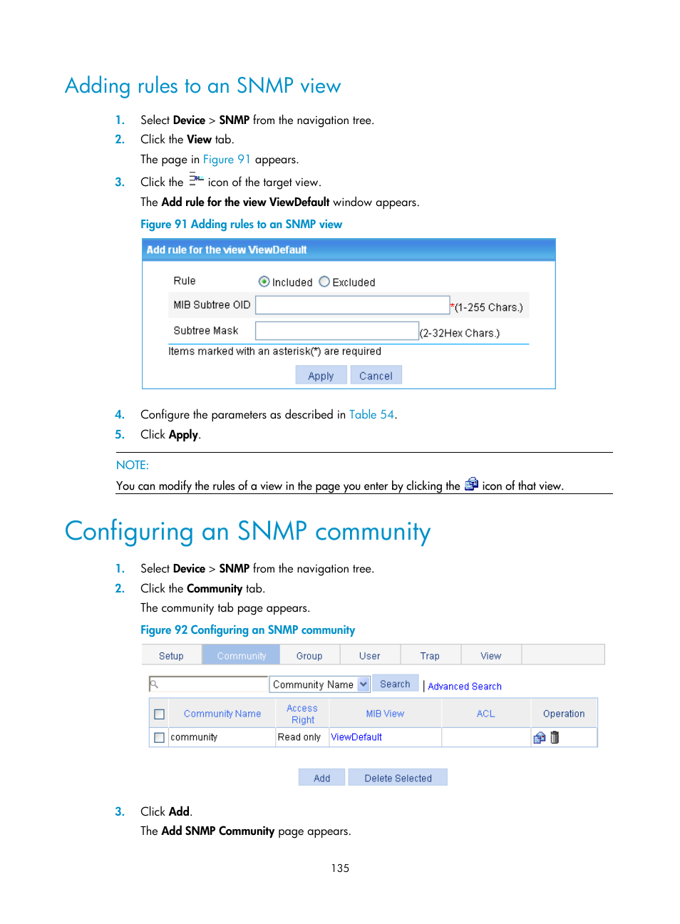 Adding rules to an snmp view, Configuring an snmp community | H3C Technologies H3C WX3000E Series Wireless Switches User Manual | Page 156 / 965