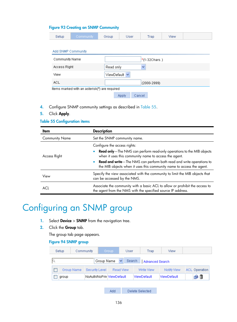 Configuring an snmp group | H3C Technologies H3C WX3000E Series Wireless Switches User Manual | Page 157 / 965