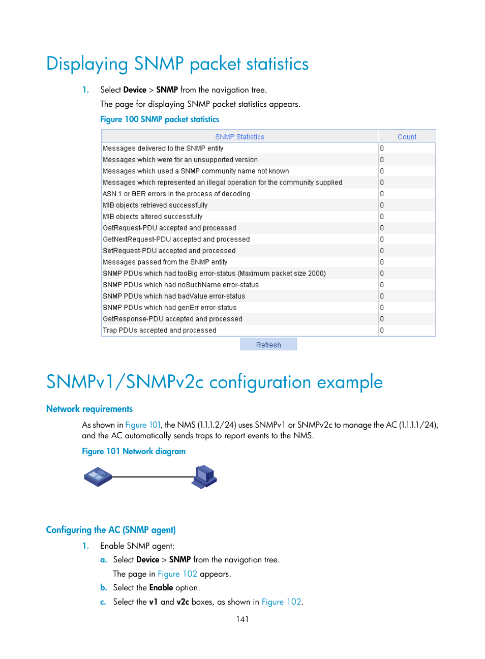 Displaying snmp packet statistics, Snmpv1/snmpv2c configuration example, Network requirements | Configuring the ac (snmp agent) | H3C Technologies H3C WX3000E Series Wireless Switches User Manual | Page 162 / 965