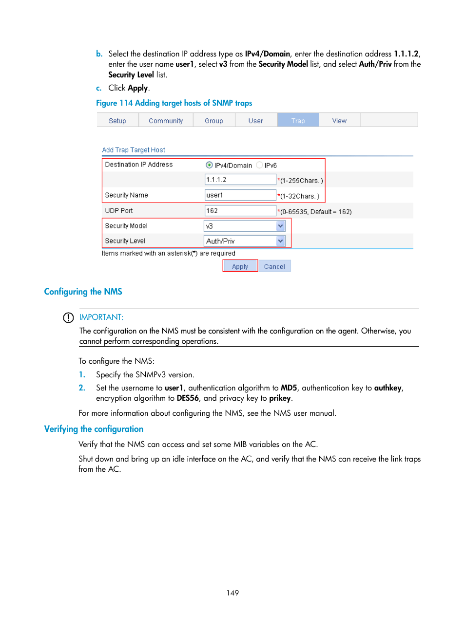 Configuring the nms, Verifying the configuration | H3C Technologies H3C WX3000E Series Wireless Switches User Manual | Page 170 / 965