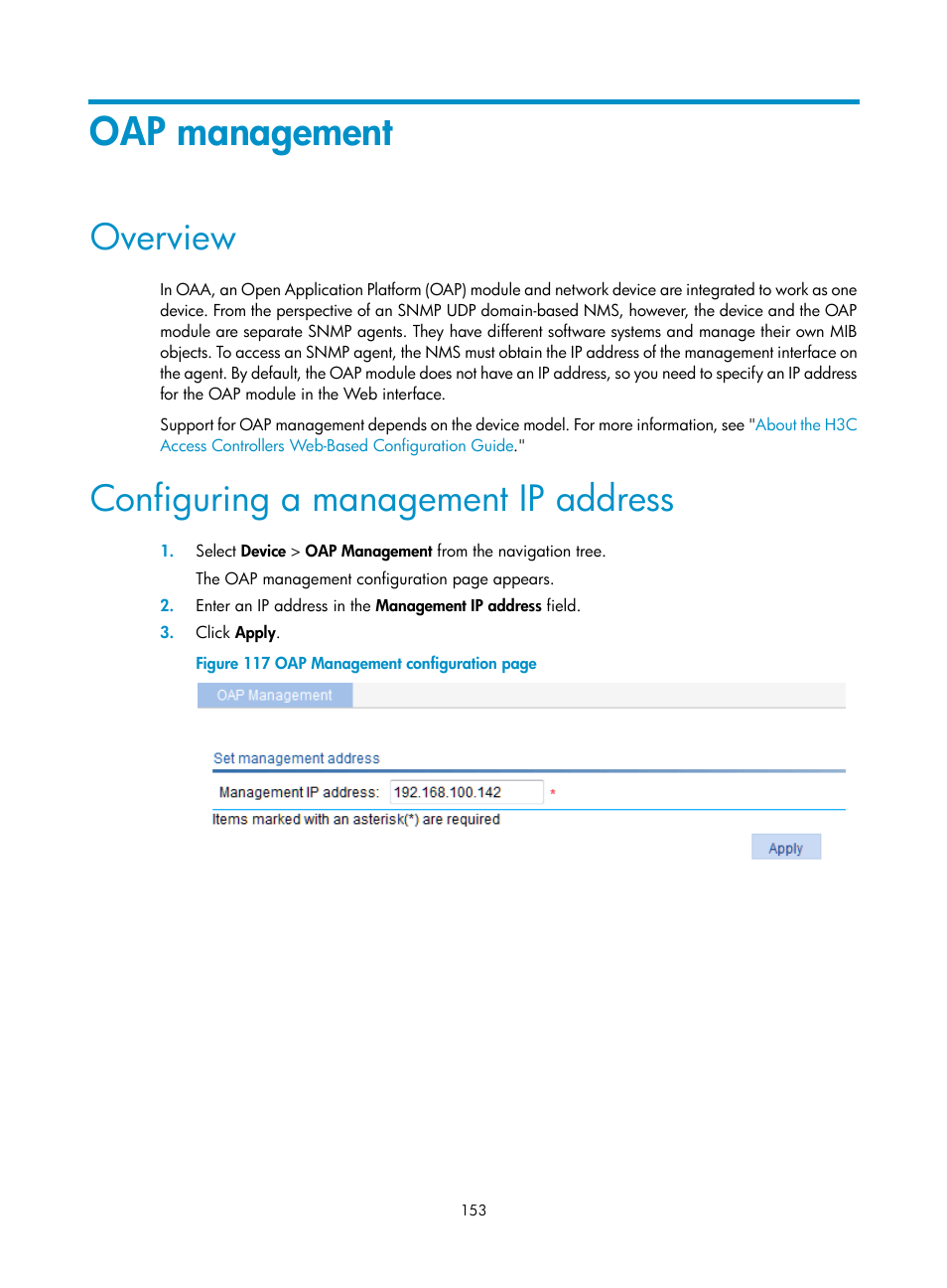 Oap management, Overview, Configuring a management ip address | H3C Technologies H3C WX3000E Series Wireless Switches User Manual | Page 174 / 965