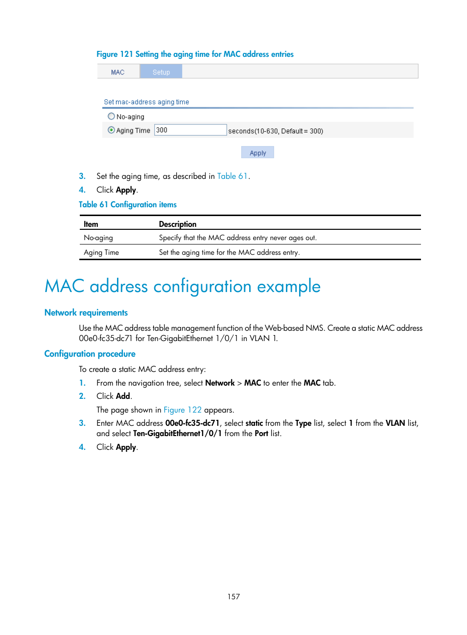 Mac address configuration example, Network requirements, Configuration procedure | H3C Technologies H3C WX3000E Series Wireless Switches User Manual | Page 178 / 965