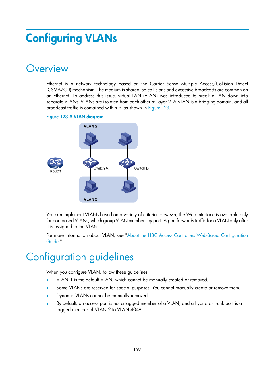 Configuring vlans, Overview, Configuration guidelines | H3C Technologies H3C WX3000E Series Wireless Switches User Manual | Page 180 / 965