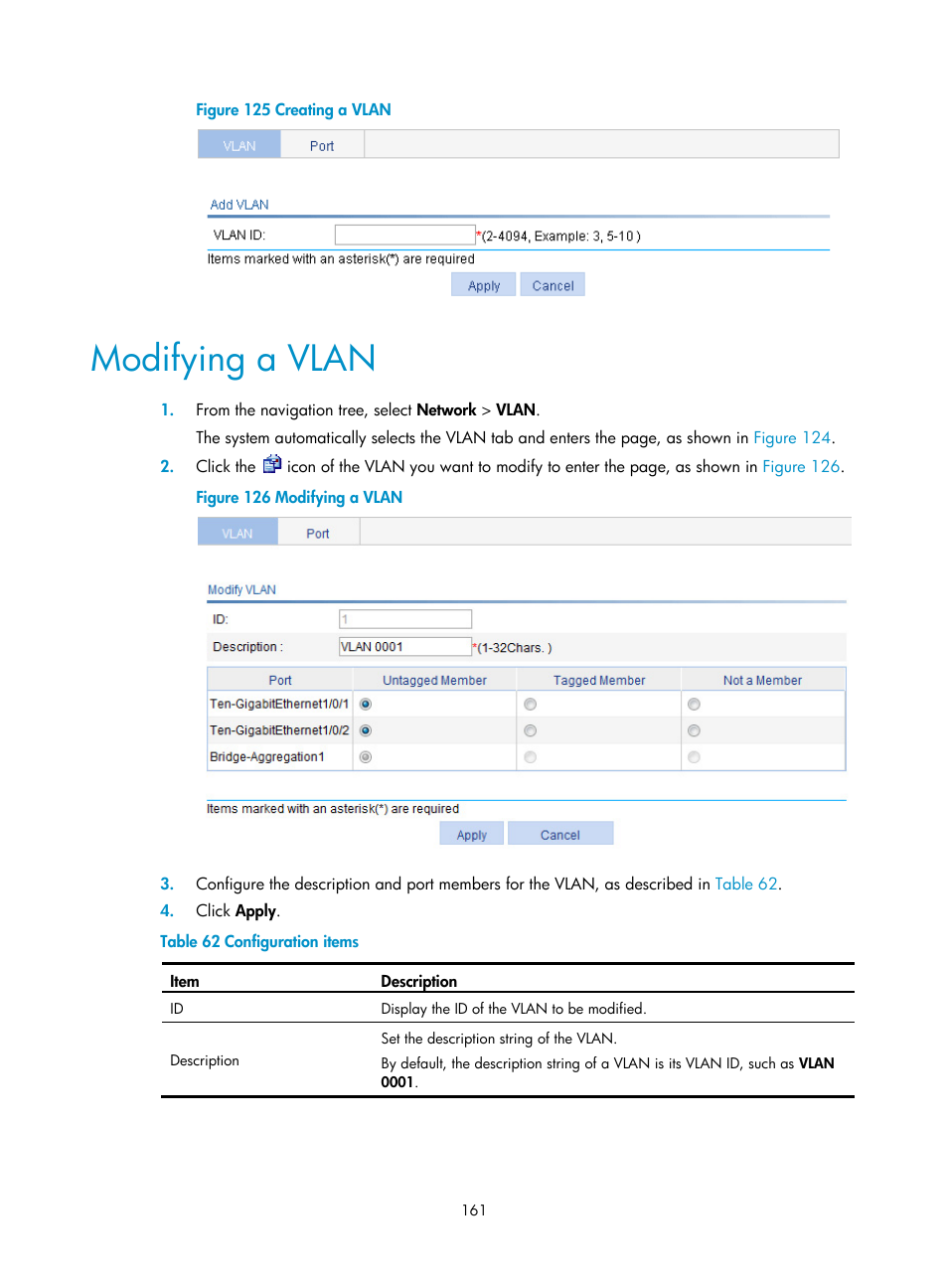 Modifying a vlan | H3C Technologies H3C WX3000E Series Wireless Switches User Manual | Page 182 / 965