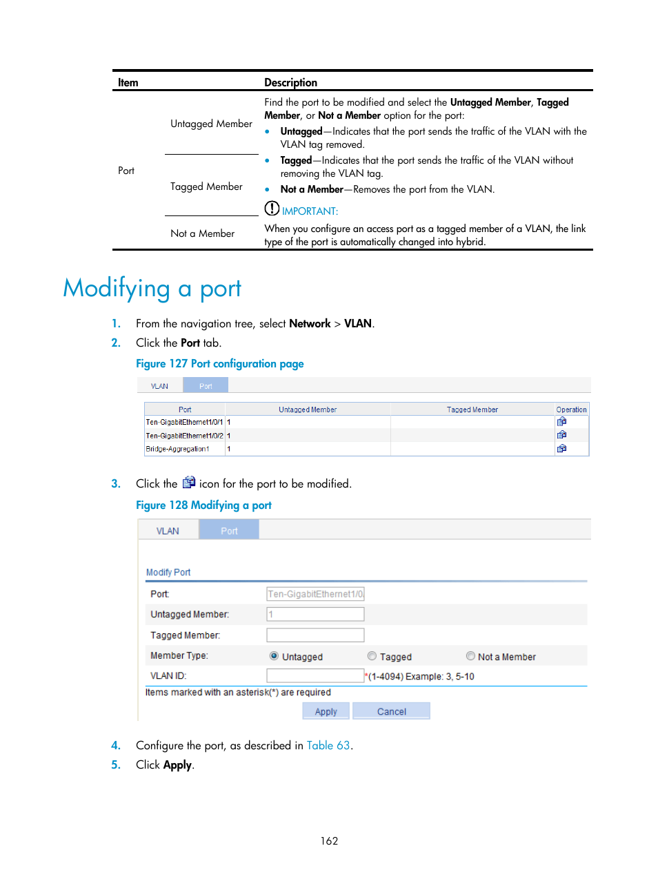 Modifying a port | H3C Technologies H3C WX3000E Series Wireless Switches User Manual | Page 183 / 965