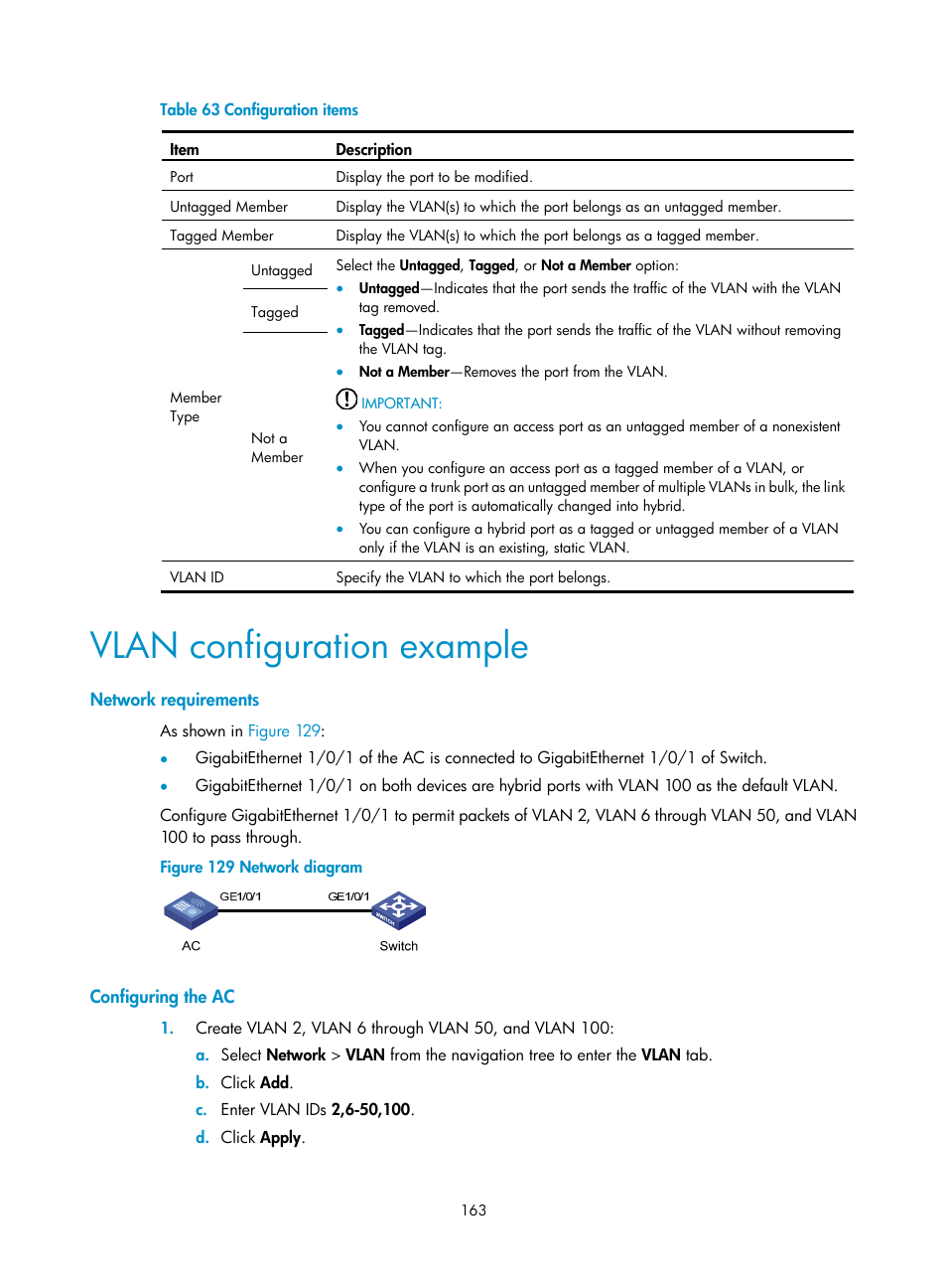 Vlan configuration example, Network requirements, Configuring the ac | H3C Technologies H3C WX3000E Series Wireless Switches User Manual | Page 184 / 965