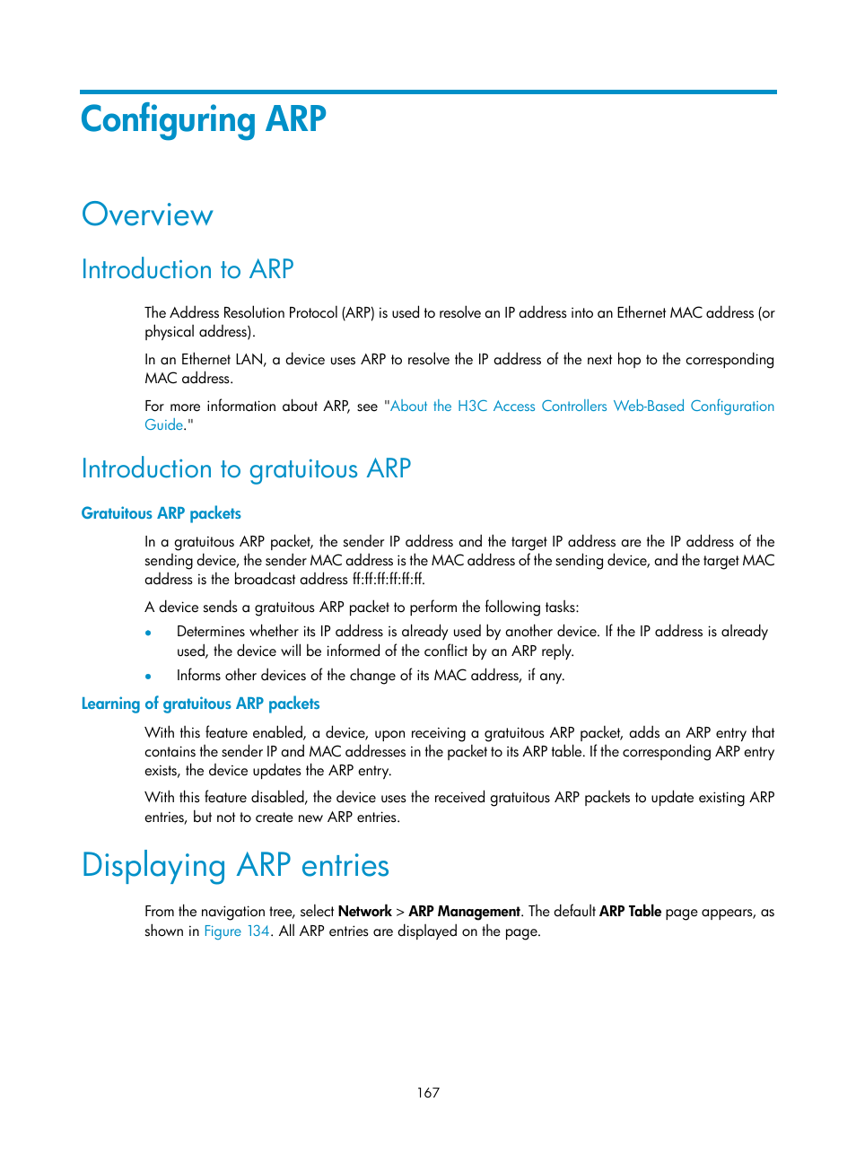 Configuring arp, Overview, Introduction to arp | Introduction to gratuitous arp, Gratuitous arp packets, Learning of gratuitous arp packets, Displaying arp entries | H3C Technologies H3C WX3000E Series Wireless Switches User Manual | Page 188 / 965