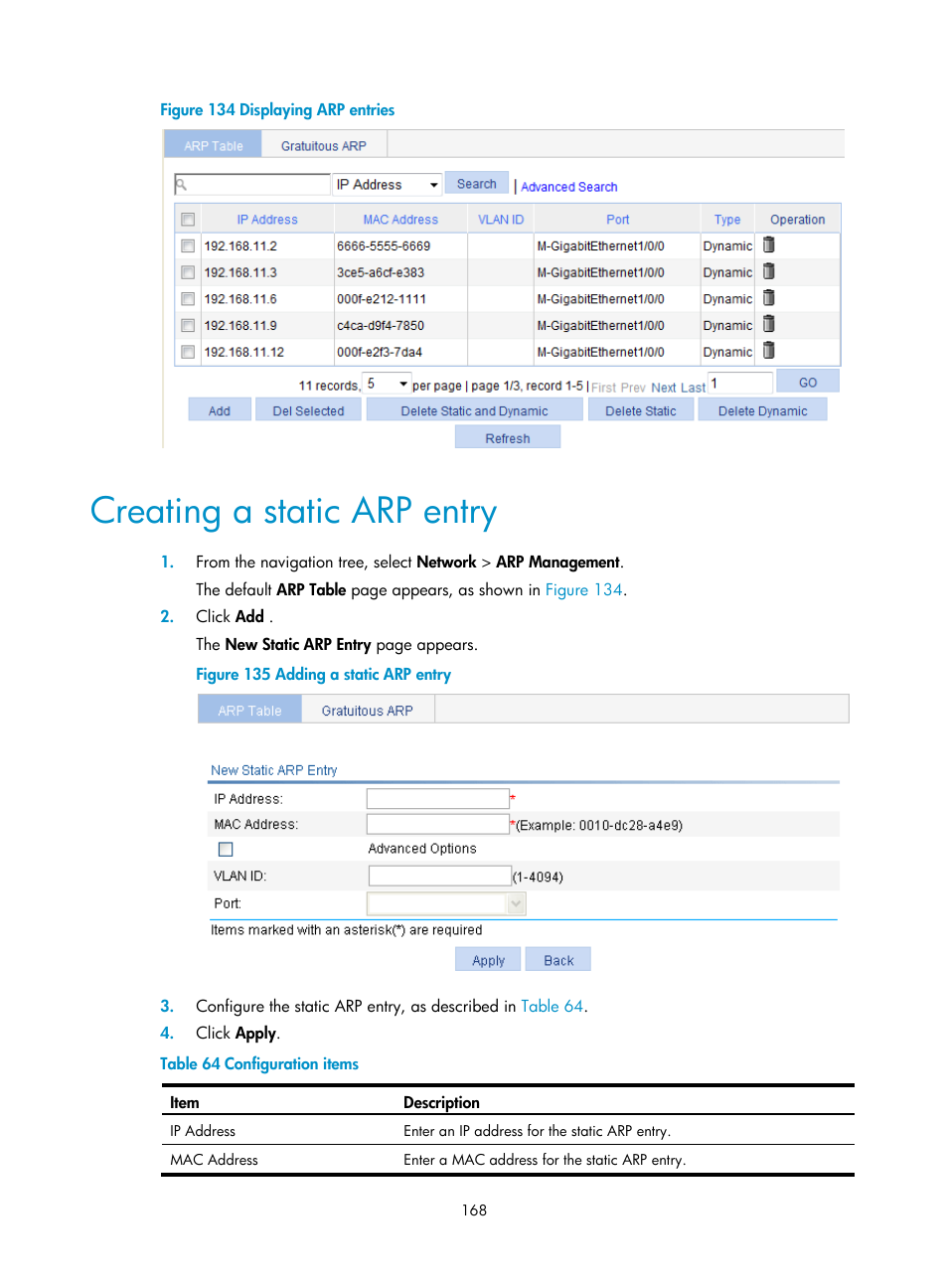 Creating a static arp entry, Figure 134 | H3C Technologies H3C WX3000E Series Wireless Switches User Manual | Page 189 / 965