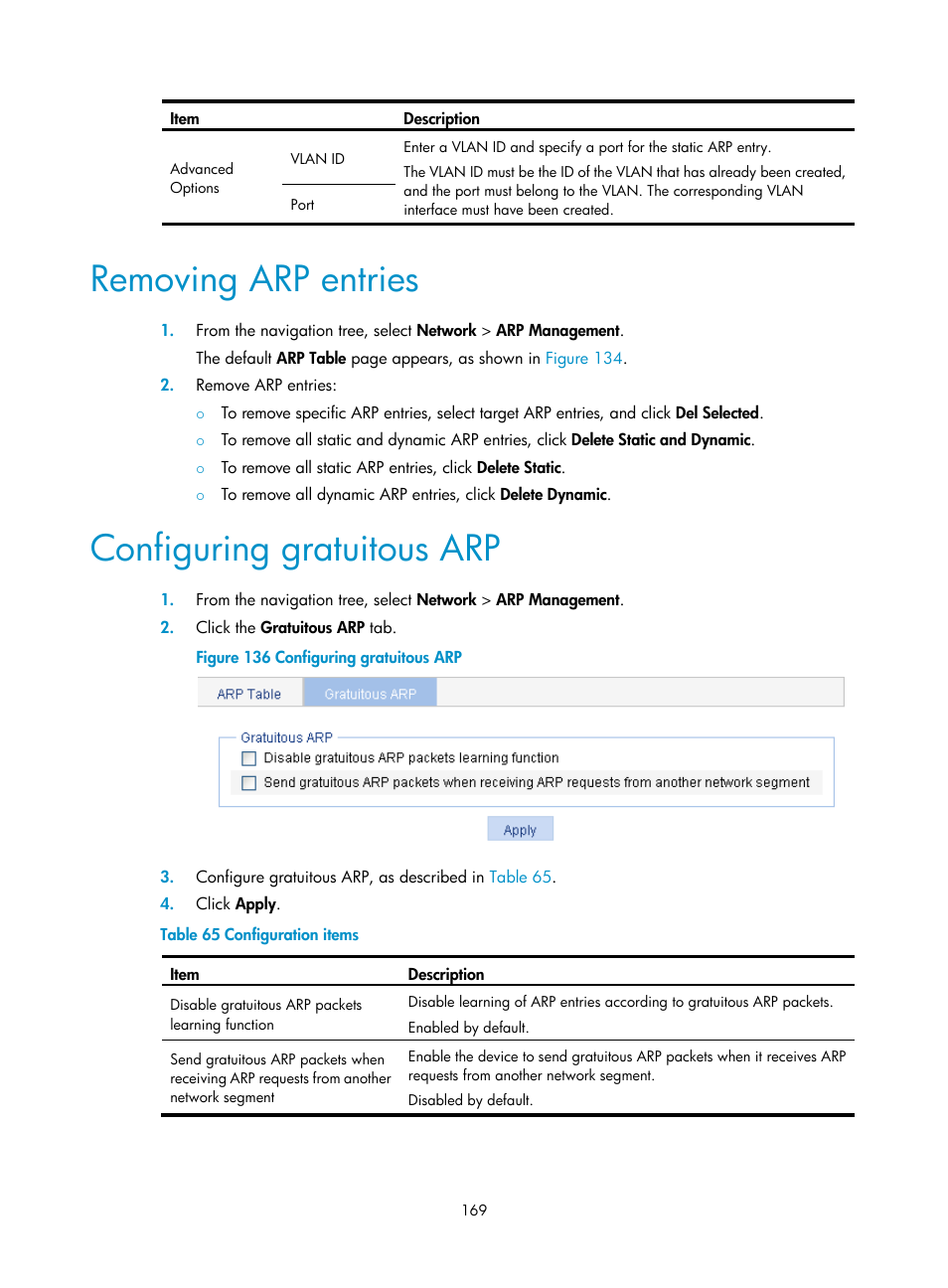 Removing arp entries, Configuring gratuitous arp | H3C Technologies H3C WX3000E Series Wireless Switches User Manual | Page 190 / 965