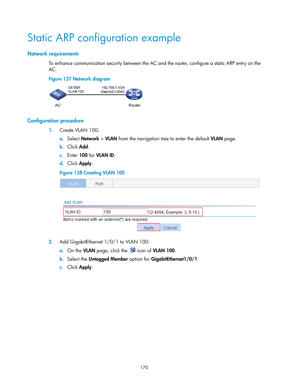 Static arp configuration example, Network requirements, Configuration procedure | H3C Technologies H3C WX3000E Series Wireless Switches User Manual | Page 191 / 965