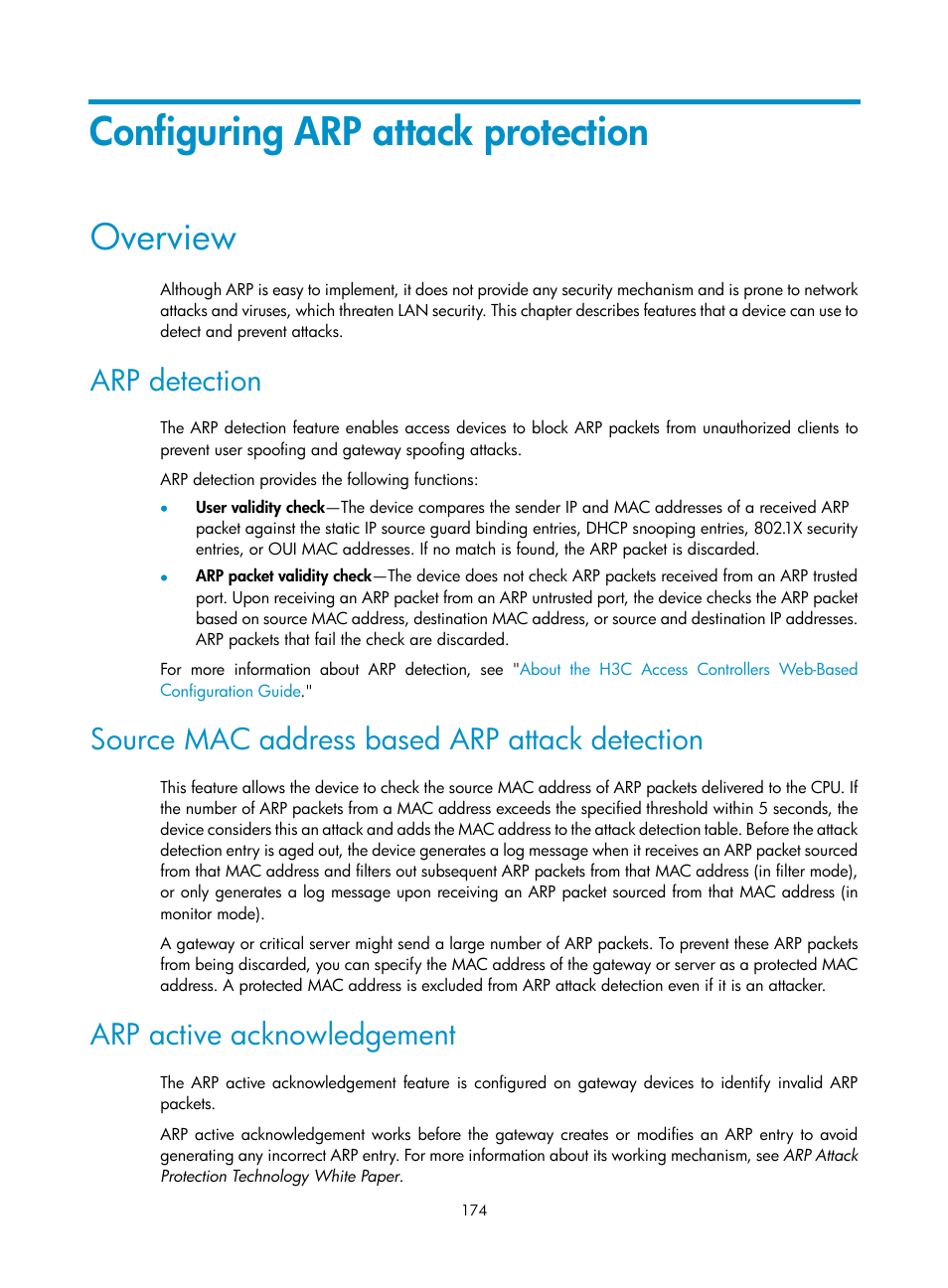 Configuring arp attack protection, Overview, Arp detection | Source mac address based arp attack detection, Arp active acknowledgement | H3C Technologies H3C WX3000E Series Wireless Switches User Manual | Page 195 / 965