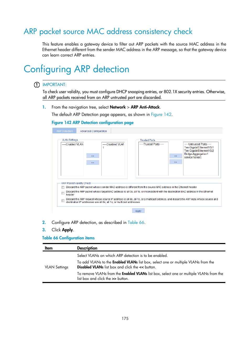 Arp packet source mac address consistency check, Configuring arp detection | H3C Technologies H3C WX3000E Series Wireless Switches User Manual | Page 196 / 965