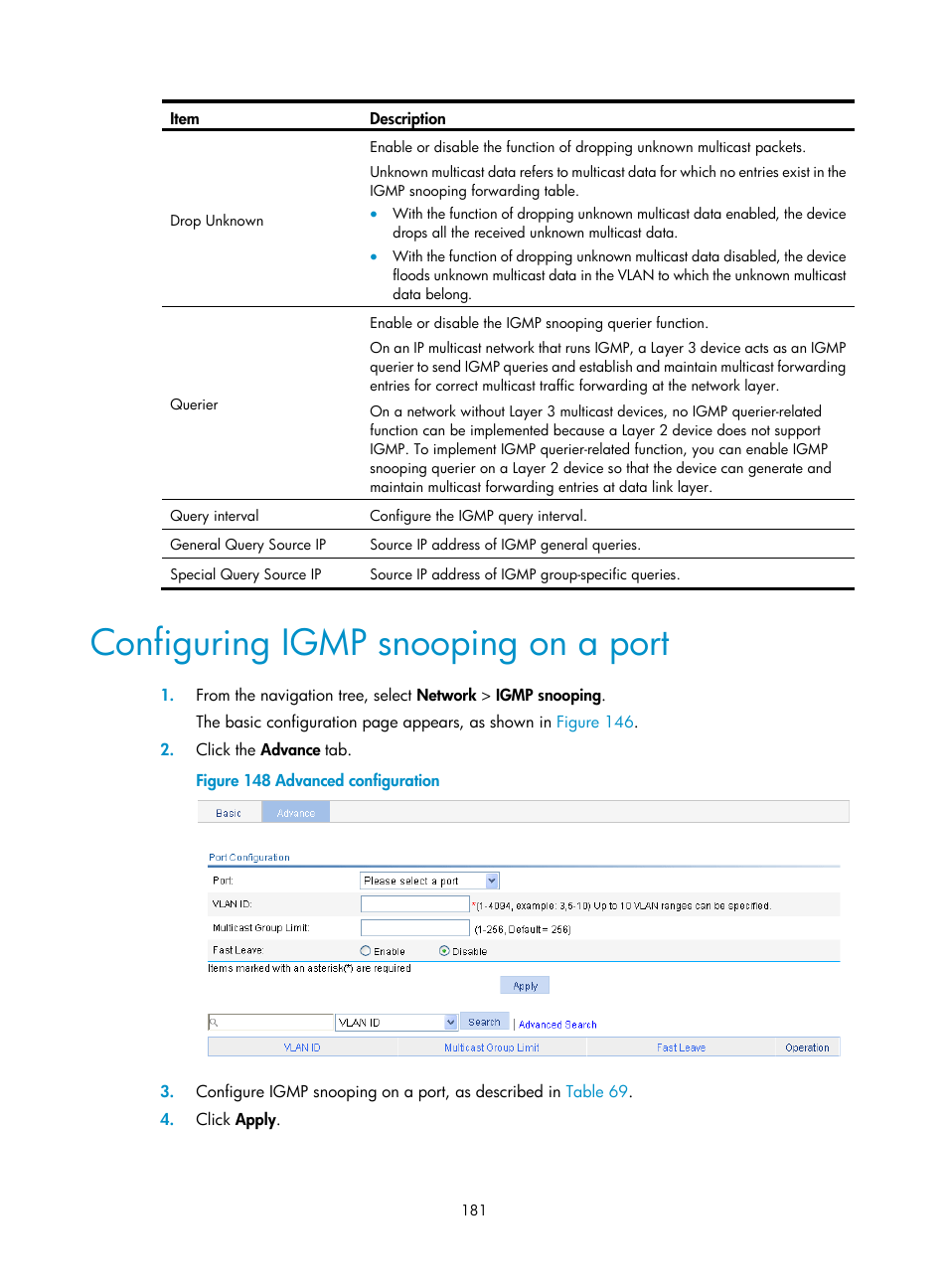 Configuring igmp snooping on a port, Configuring igmp snooping on a, Port | H3C Technologies H3C WX3000E Series Wireless Switches User Manual | Page 202 / 965
