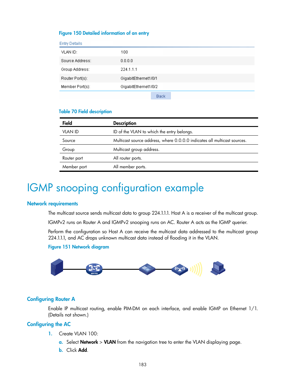 Igmp snooping configuration example, Network requirements, Configuring router a | Configuring the ac, Shown in, Figure 150 | H3C Technologies H3C WX3000E Series Wireless Switches User Manual | Page 204 / 965